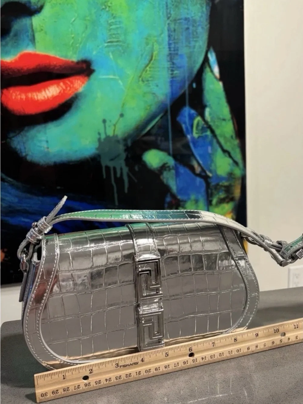 Versace Silver Croc-Embossed Crossbody Saddle Bag